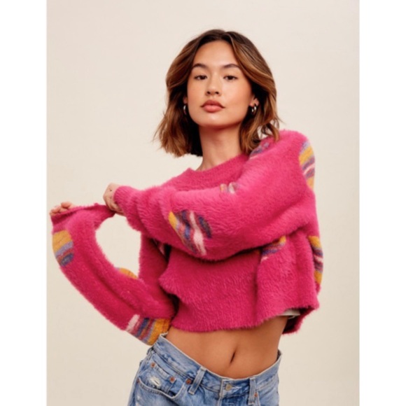 Just In// Fuzzy Heart Rainbow Magenta Semi Crop Sweater - Picture 4 of 15